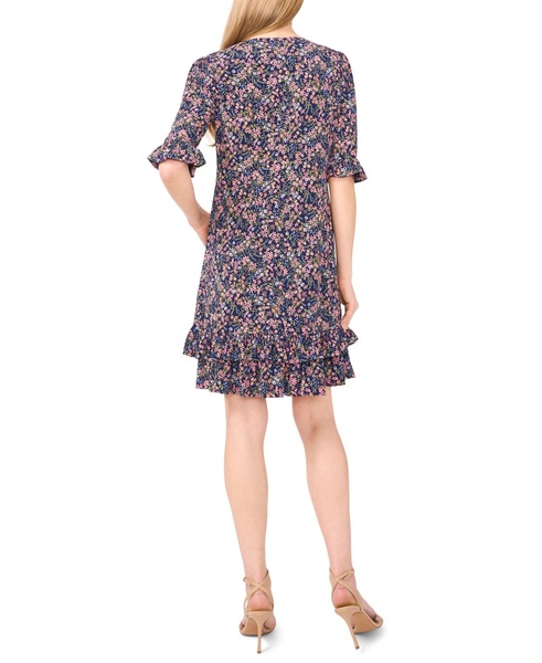 Women's V-Neck Ruffled Ditsy-Print Shift Dress