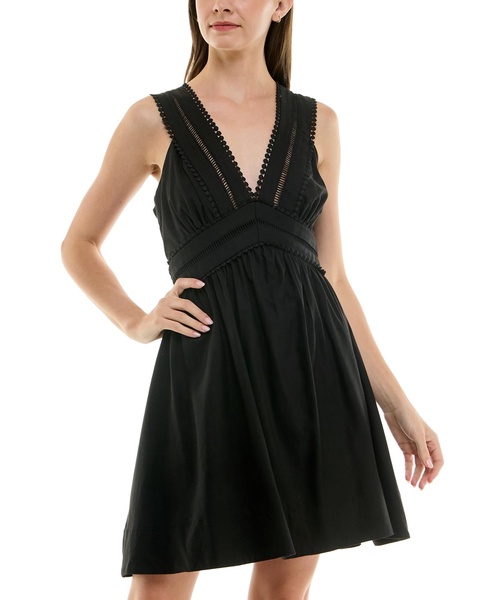 Petite V-Neck Sleeveless Lace-Inset Mini Dress
