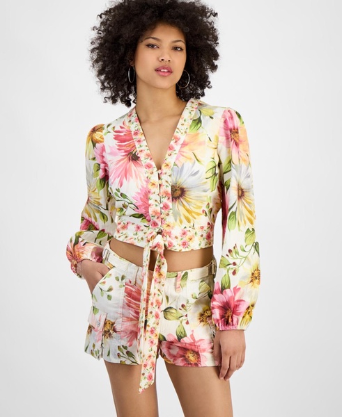 Women's Colette Floral-Print Tie-Front Cropped Top