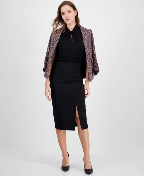 Women's Solid Pull-On Asymmetrical-Slit Midi Skirt