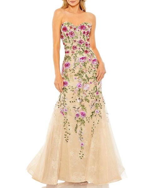 Women's Strapless Sheer Bustier Embroidered Mermaid Gown