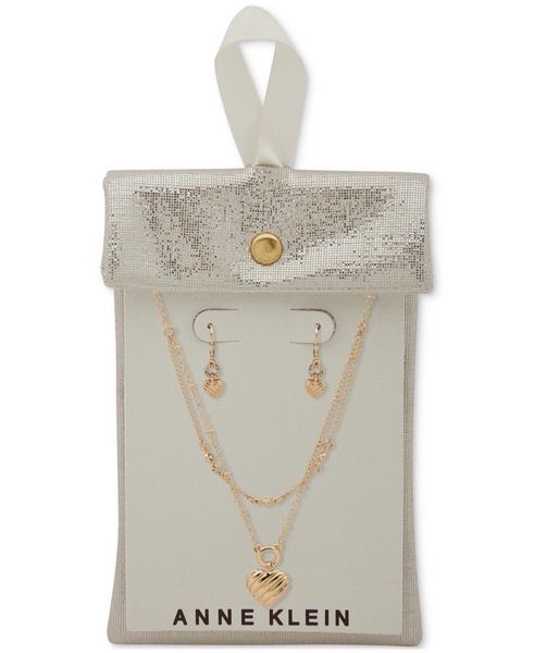 Gold-Tone 2-Pc. Set Textured Heart Layered Necklace & Matching Drop Earrings
