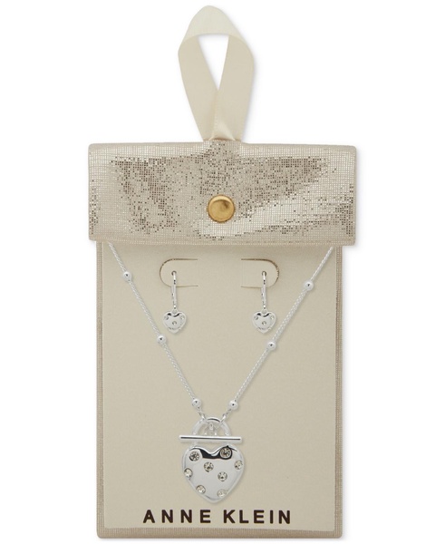 Silver-Tone Crystal Heart Pendant Necklace & Earrings Set