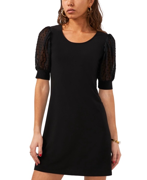 Petite Round-Neck Chiffon-Sleeve Swing Dress