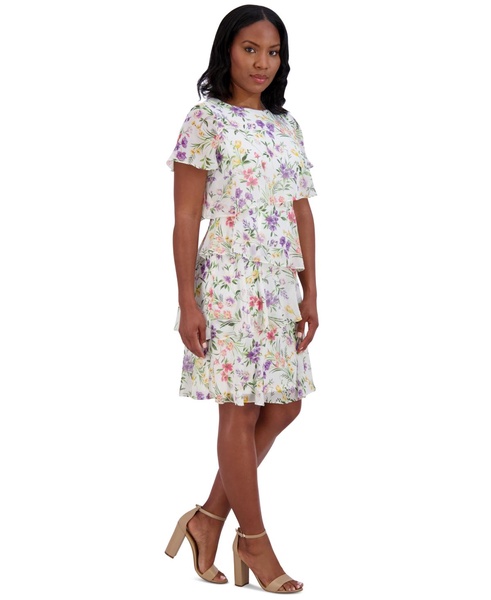 Petite Chiffon Flutter-Sleeve Floral-Print Dress