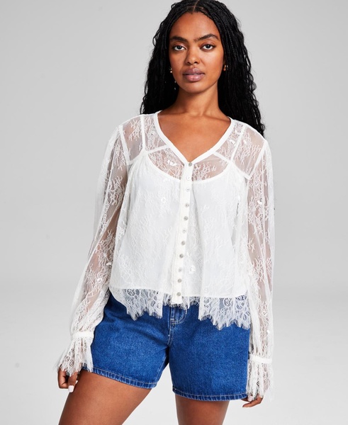 Women's Lace V-Neck Button-Front Top, Created for Macy's