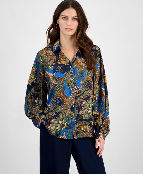 Women's Printed Satin Button Pleated-Sleeve Blouse