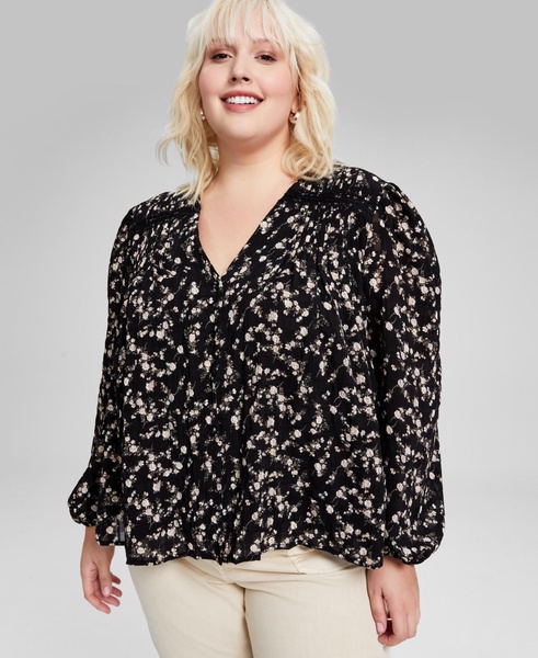 Plus Size Floral Lace-Trim Button-Front Top, Created for Macy's