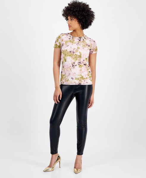 Women's Floral Mesh Crewneck Short-Sleeve Top, Exclusively at Macy's