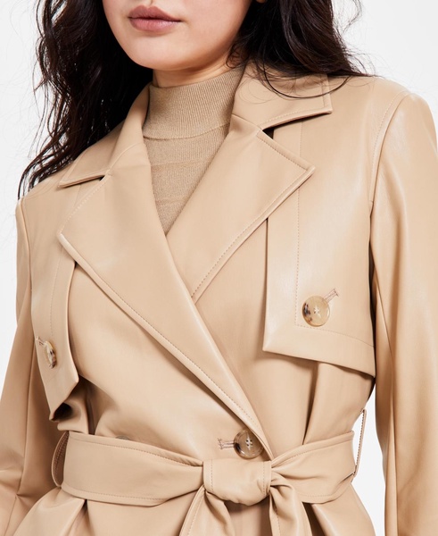 Women's Faux-Leather Belted Short Trench Jacket