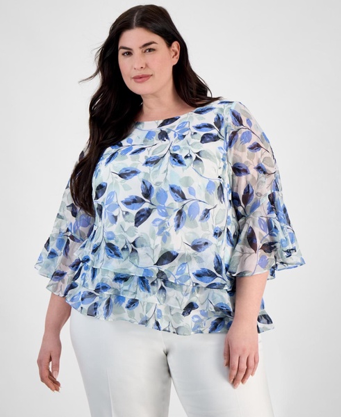 Plus Size Floral Print Tiered Bell-Sleeve Blouse