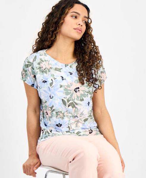 Petite Short-Sleeve Scoop-Neck Floral Top