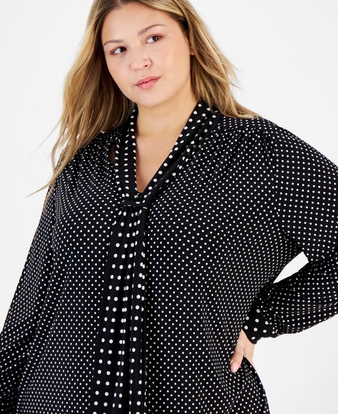 Plus Size Dot-Print Scarf-Neck Long-Sleeve Top