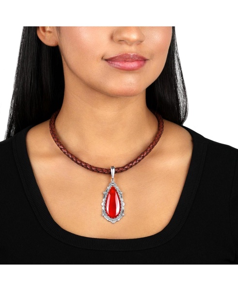 Sterling Silver Red Onyx Gemstone Teardrop Bordered Design Pendant Enhancer
