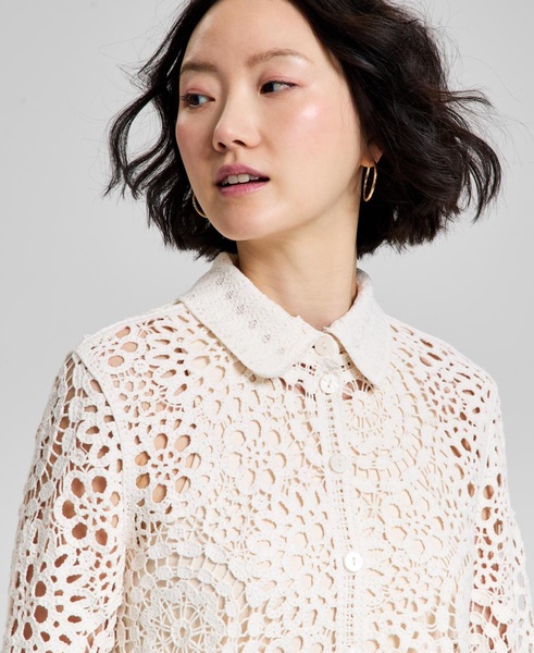 Petite Button-Front Long-Sleeve Crochet Shirt, Exclusively at Macy's 