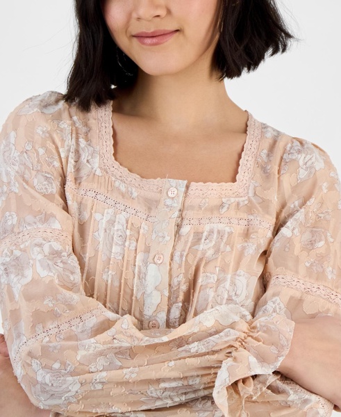 Women's Pleated Lace-Trim Floral-Print Blouse, Regular & Petites, Exclusively at Macy's