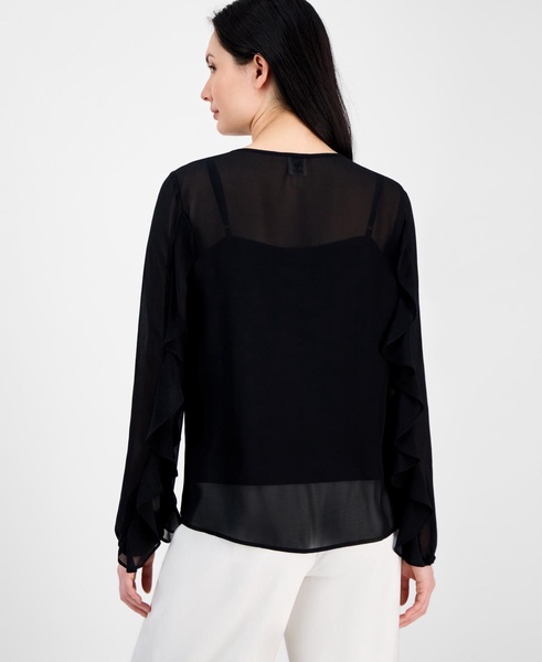 Women's Ruffled Tie-Neck Blouson-Sleeve Top