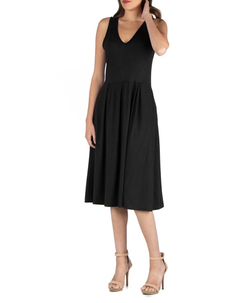 Fit and Flare Midi Sleeveless Dress with Pocket Detail