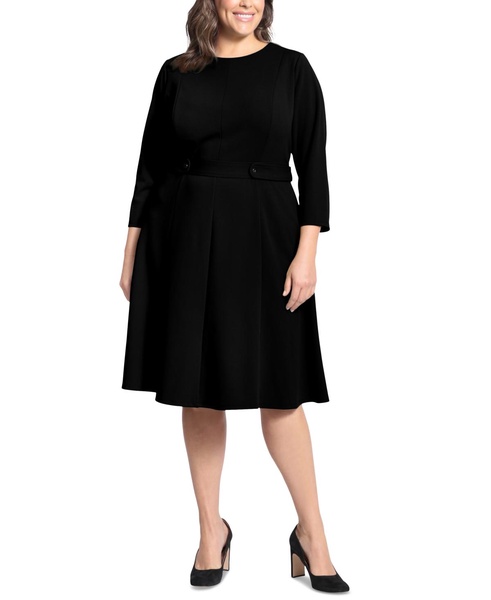Plus Size 3/4-Sleeve Tab-Waist Fit & Flare Dress