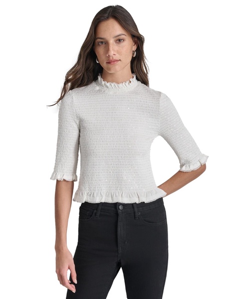 Women's Sequin Smocked Elbow-Sleeve Top