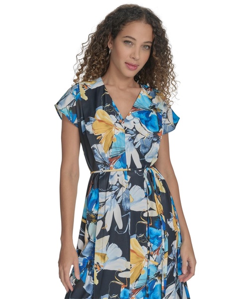 Women's Floral Tie-Waist High-Low Midi Dress