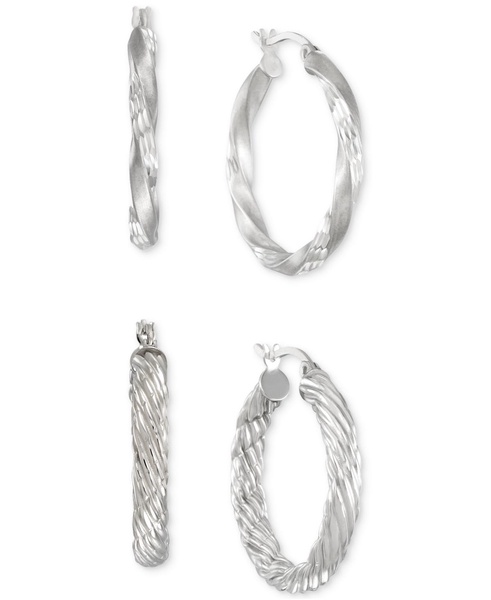 2-Pc. Set Rope and Satin Finish Round Hoop Earrings in 14k Gold-Plated Sterling Silver and Sterling Silver