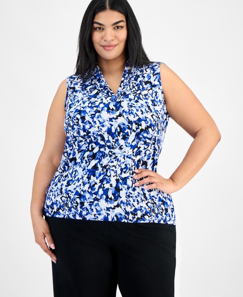 Plus Size Sleeveless Pleated V-Neck Blouse
