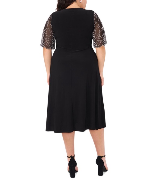Plus Size Sheer-Sleeve Fit & Flare Dress