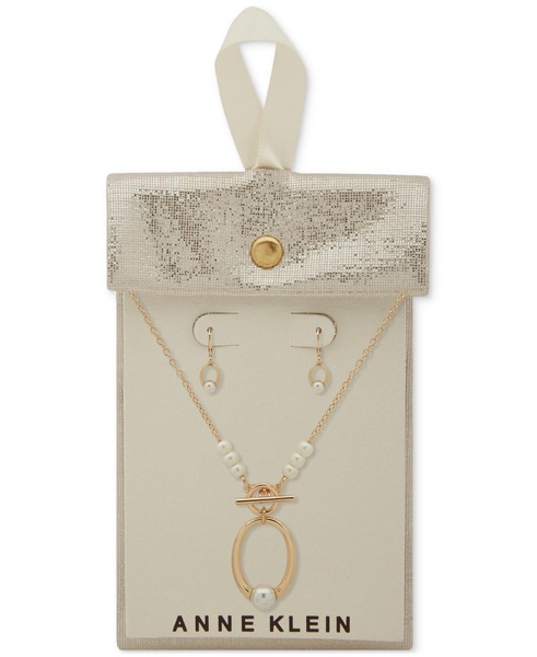 Gold-Tone Imitation Pearl Open Circle Pendant Necklace & Earrings Set