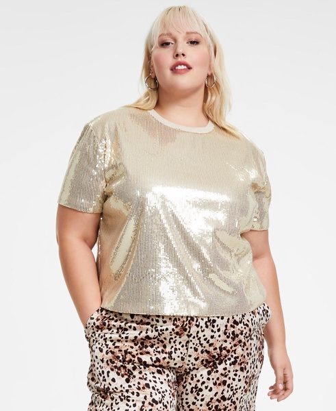 Trendy Plus Size Short-Sleeve Boxy Cropped Sequin Top, Created for Macy's