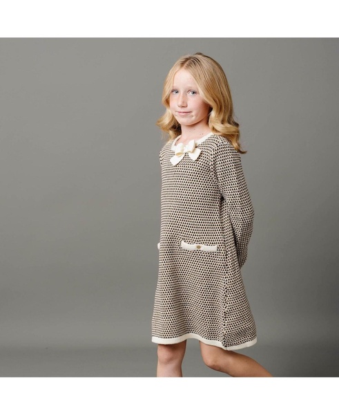 Little Girls Organic Long Sleeve Bow Detail Tweed Sweater Dress