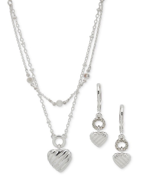 Silver-Tone 2-Pc. Set Textured Heart Layered Necklace & Matching Drop Earrings