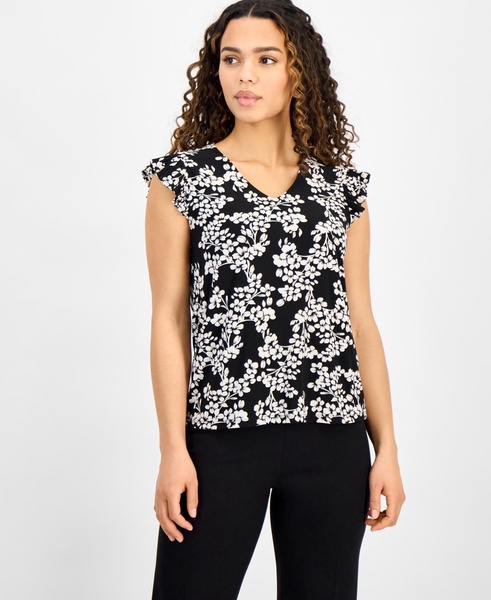 Petite Pleated Flutter-Sleeve V-Neck Top