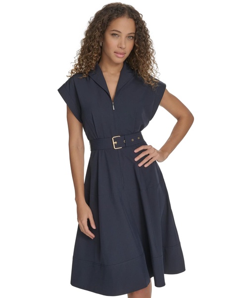 Women's Belted Cap-Sleeve Commuter Dress