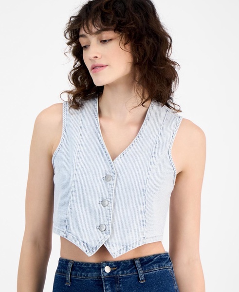 Women's Striped Button-Front Denim Vest, Exclusively at Macy's