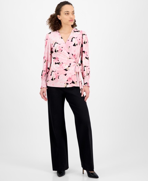 Petite Watercolor-Print Smocked-Cuff Wrap Top