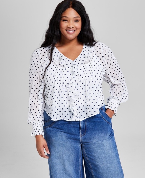 Plus Size Dot-Print Ruffled-Front Woven Pintuck Top, Exclusively at Macy's