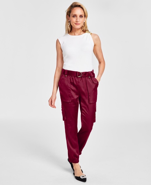 Women's Petite High-Rise Belted Satin Cargo Pants, Created for Macy's 