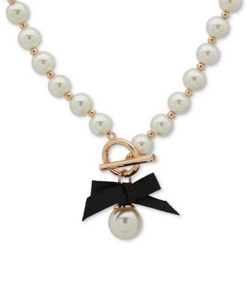 Gold-Tone Imitation Pearl & Black Bow Toggle Pendant Necklace, 16" + 3" extender