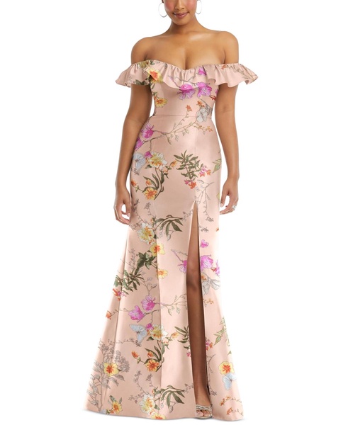 Women's Off-the-Shoulder Ruffle Neck Floral Satin Trumpet Gown