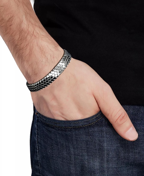Men's Hexagon Honeycomb Textured Link Bracelet in Black-Ion Plated Stainless Steel