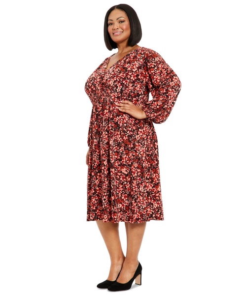 Plus Size Smocked-Trim Long-Sleeve Dress