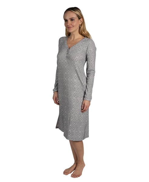 Women's Long Sleeve Fleece Henley Long Nightshirt Lounger