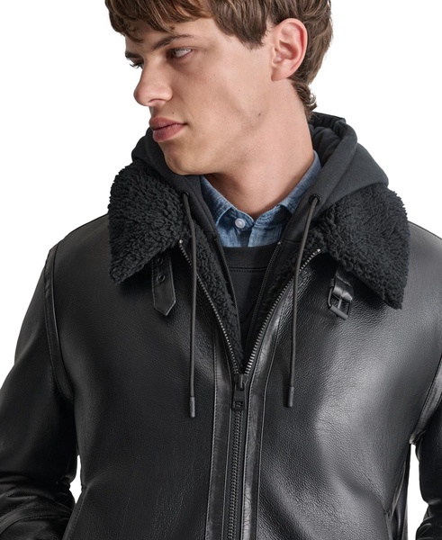 Men's Faux Leather Jacket with Removable Faux Fur Bib