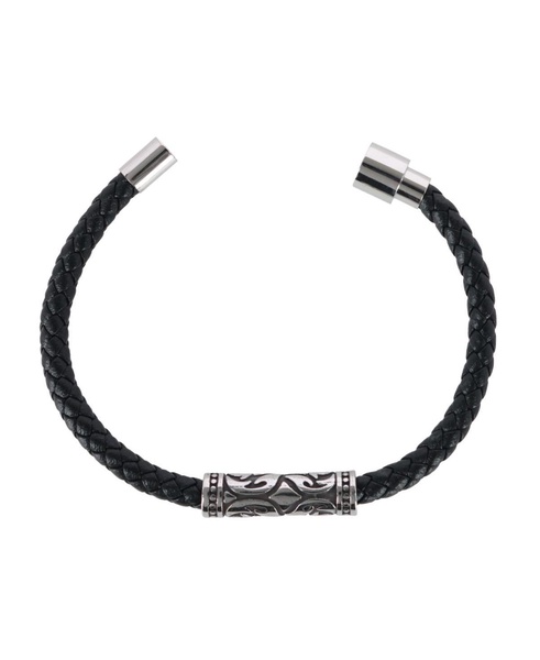 Silver Filigree Pattern on Black Leather Bracelet