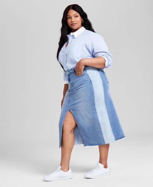 Plus Size Two-Toned Slit-Front Cut-Hem Denim Skirt, Exclusively at Macy's