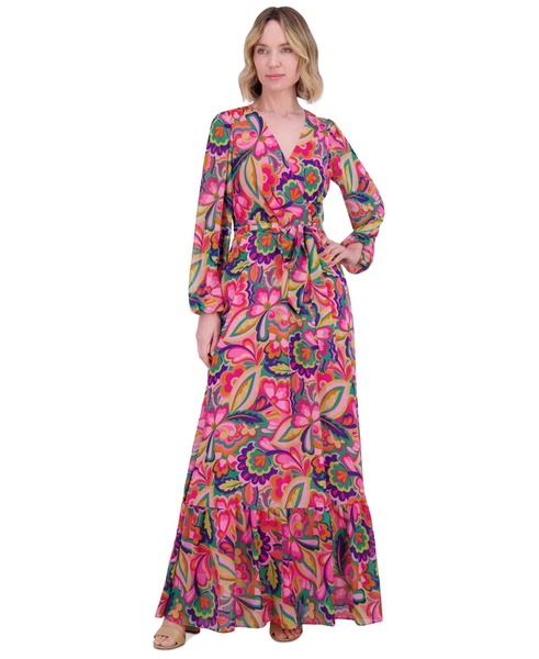 Women's Printed Tie-Waist Blouson-Sleeve Maxi Dress