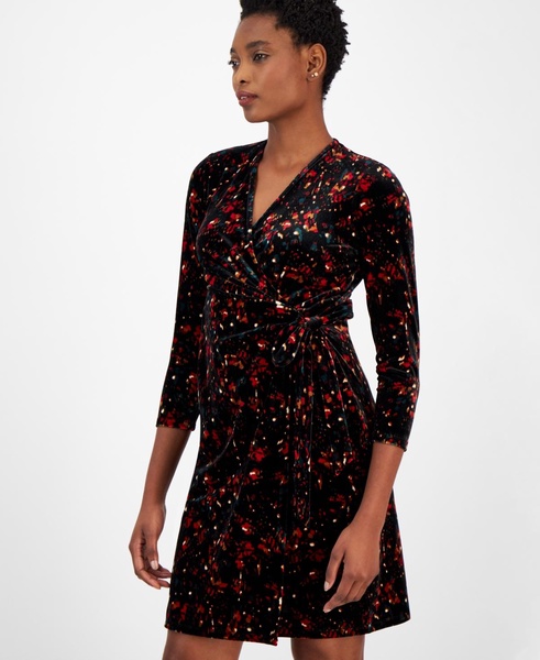 Women's Printed Faux-Wrap 3/4-Sleeve Dress
