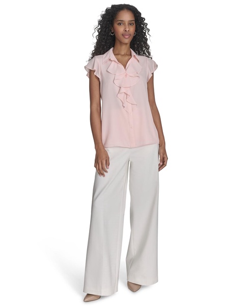 Women's Ruffled Flutter-Sleeve Button-Front Blouse