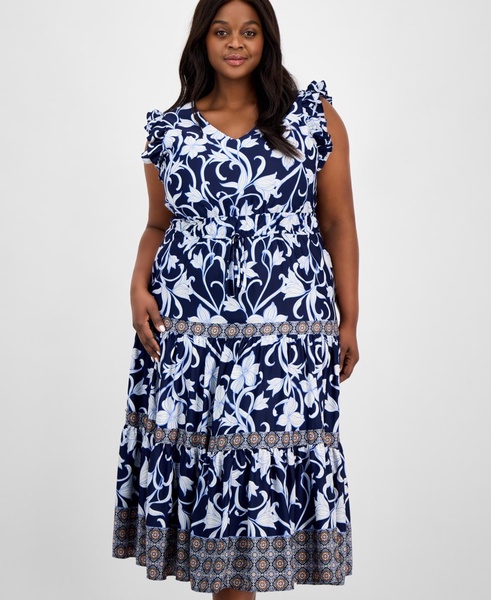 Plus Size Mixed-Print Tiered Maxi Dress